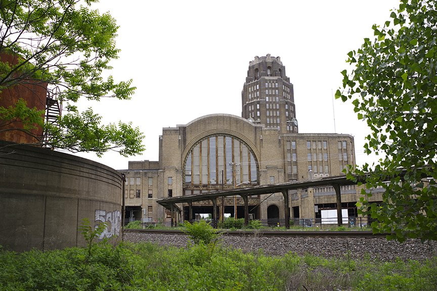 Exterior shot of abandoned Art Deco Train station