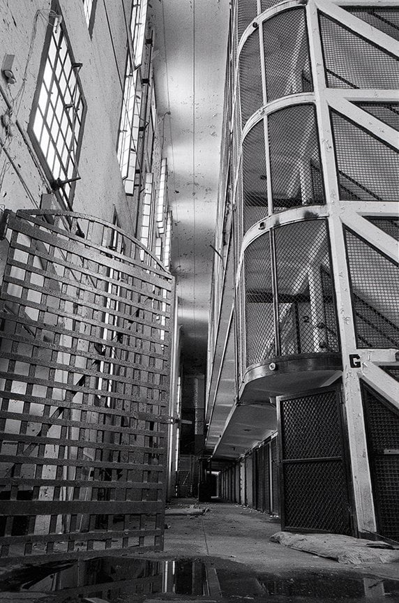 inside cellblock with 6 story cell tower