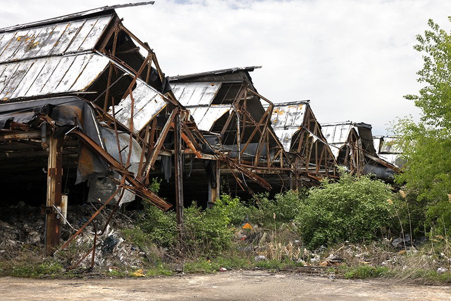 deteriorating sawtooth roof at old factory