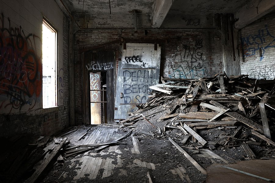 remains of fire door in old factory