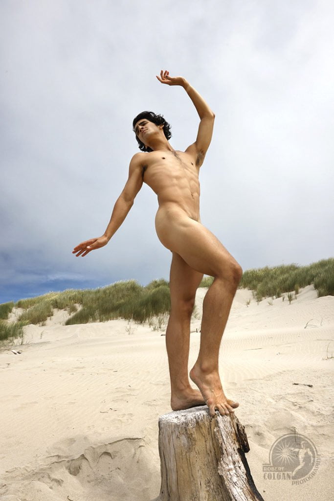 nude man gesturing toward the sky whilst standing on tree stump at beach