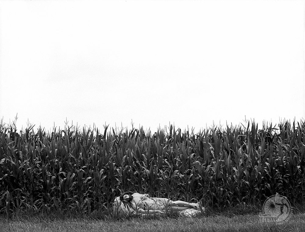 statue of Jesus in front of corn field