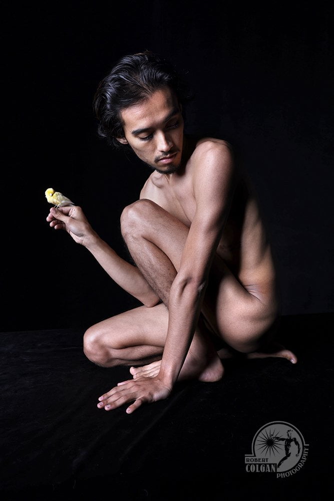 nude man in studio in fetal position whilst holding canary