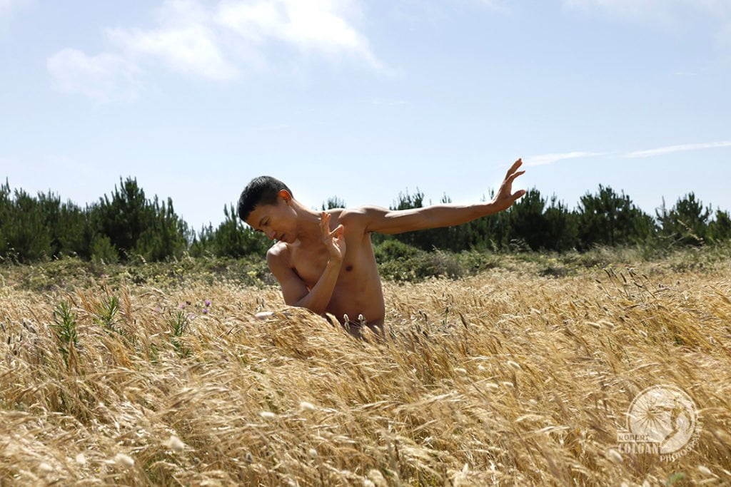nude man gestures in wheat field